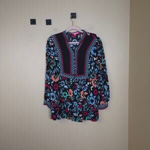 Woman Within Plus Size Button-Front Mixed Print Tunic in Black Floral Size 14/16